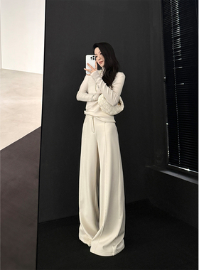 PAPERLLL辛间白色裤子女加绒高级感拖地直筒加厚高腰阔腿裤女秋冬