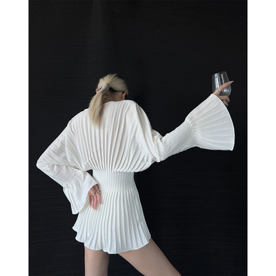 PAPERLLL辛间 玉兰风琴 法式V领收腰衬衫女喇叭袖压褶短款连衣裙