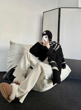 PAPERLLL辛间加厚侧拉链开衩绞花直筒裤女休闲居家高腰阔腿长裤