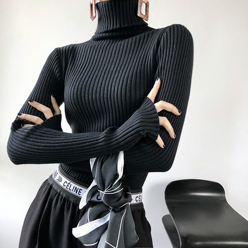 秋冬高领内搭套头简约竖条纹毛衣