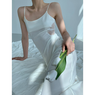 PAPERLLL辛间 镂空白色吊带连衣裙女 性感纯欲风睡裙缎面薄款 法式