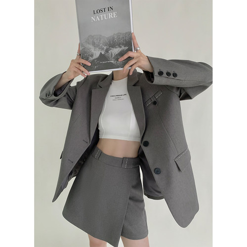 PAPERLLL辛间明线西装外套半裙套装女秋拱针西服上衣斜片a字裙裤