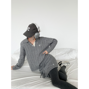 PAPERLLL辛间 智性crush Polo领麻花针织上衣+高腰抽绳裙裤套装女