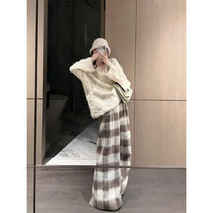 PAPERLLL辛间 复古裁格 撞色格纹松紧腰羊毛阔腿裤女冬直筒毛呢裤