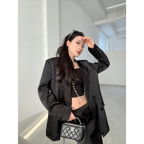 PAPERLLL辛间 宿命感女主 缎面西装+A字鱼尾半身裙套装气质两件套