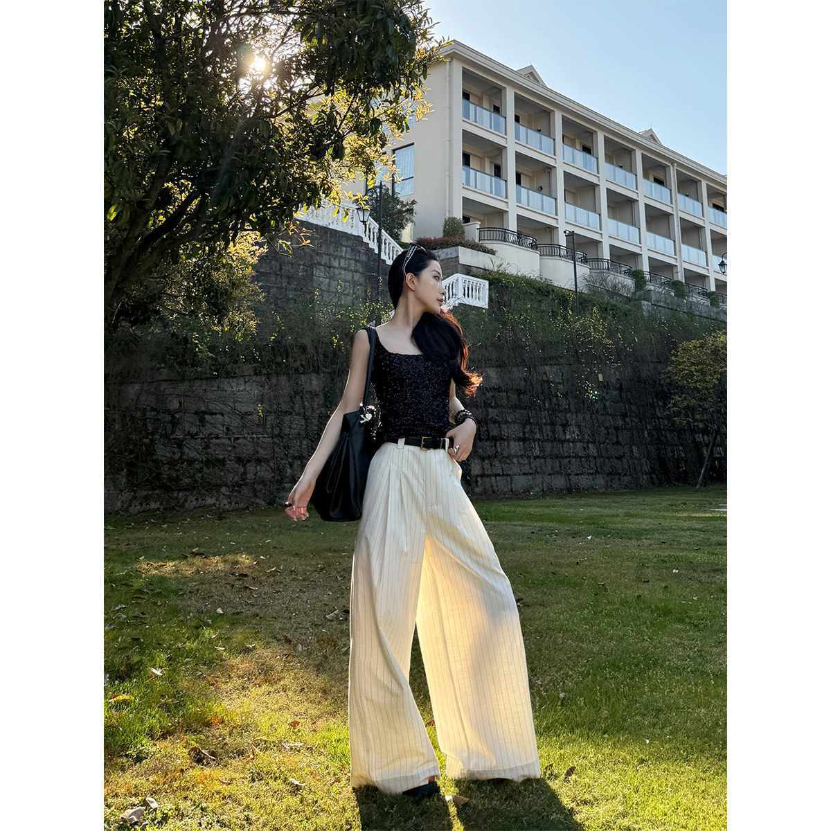 PAPERLLL辛间 智性松弛 带腰带细条纹阔腿裤女宽松直筒垂感拖地裤,女装/女士精品,休闲裤,淘宝优惠券,粉丝福利购,淘宝优惠卷