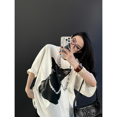 PAPERLLL辛间 暗黑CAT 休闲纯棉猫咪印花短袖T恤百搭宽松上衣女