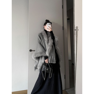 拆卸貉子毛双面呢羊毛斗篷女流苏披肩 法式 PAPERLLL辛间 晚风即兴