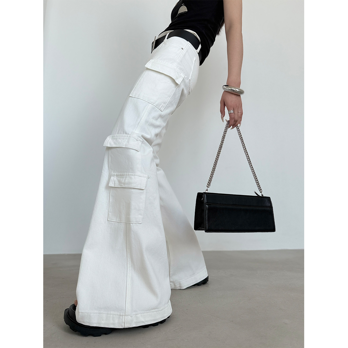 PAPERLLL辛间 Chao显瘦 美式复古工装微喇裤口袋高腰直筒牛仔裤女