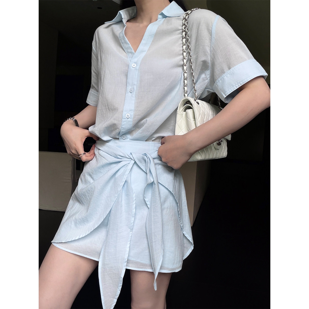 PAPERLLL辛间 夏日轻氧 韩系V领衬衫短款假两件裙裤女夏时尚套装
