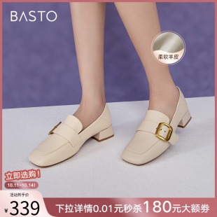 单鞋 粗跟方头女小皮鞋 A2595AA5 超软羊皮乐福鞋 百思图2025春新款