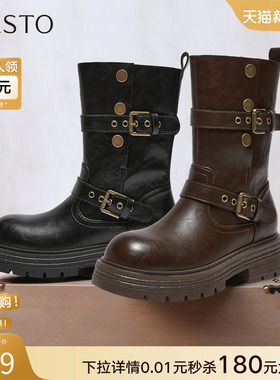 百思图2025冬季新款通勤厚底粗跟扣带西部靴骑士靴女中靴BP928DZ5
