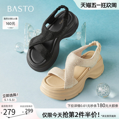百思图夏季商场新款时尚水钻厚底增高凉鞋女休闲凉鞋BP731BL5