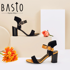 BASTO/百思图夏季专柜同款羊绒皮革一字带粗跟凉鞋RNO04BL8