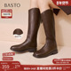百思图2025冬季 商场新款 V口显瘦骑士靴大筒围粗跟女长靴F2132DC5