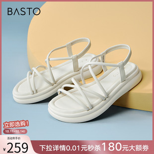 厚底女凉鞋 复古舒适条带罗马凉鞋 UCX07BL4 商场新款 百思图夏季