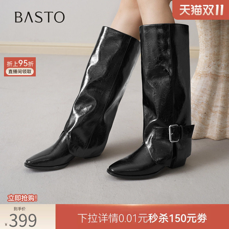 百思图2026冬新款时尚尖头粗跟裤管靴女粗腿显瘦高筒长靴E6017DG6