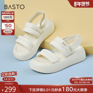 百思图夏季商场新款白色运动凉鞋松糕厚底女沙滩凉鞋UCL31BL4