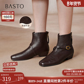 通勤方头复古短靴粗跟女时装 百思图2025冬季 商场新款 靴F3051DD5