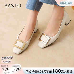 百思图26春新款 通勤方扣浅口单鞋 一脚蹬粗跟女鞋 B5288AQ6Z 时尚