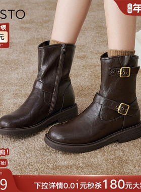 百思图冬新款潮酷加绒保暖粗跟女马丁靴通勤皮短靴棉鞋W2551DZ4
