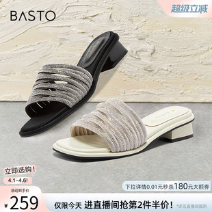 气质闪钻一字拖粗跟女外穿拖鞋 A5251BT4 时尚 百思图夏商场新款