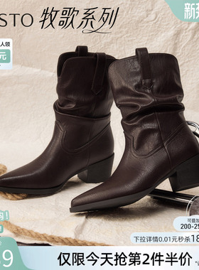 百思图冬季新款美拉德粗跟尖头加绒女棕色堆堆骑士短靴F3061DZ5