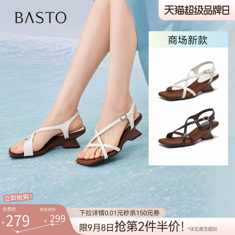 百思图2026夏季商场新款绝美高跟绑带罗马凉鞋粗跟女鞋F5028BL6图片