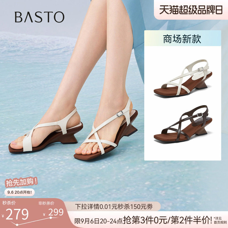 百思图2026夏季商场新款绝美高跟绑带罗马凉鞋粗跟女鞋F5028BL6图片