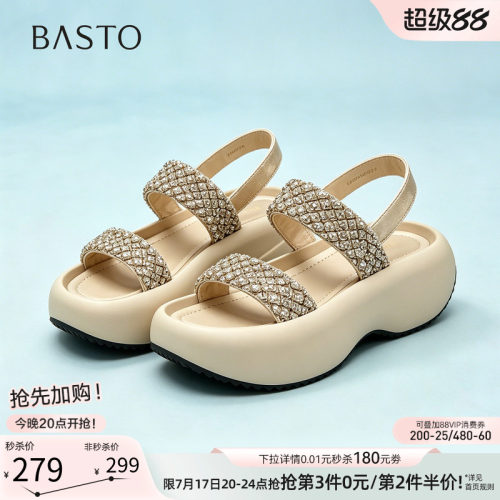 百思图2026夏季新款时尚通勤厚底钻带运动沙滩凉鞋女鞋W6571BL6