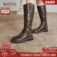 百思图冬季 新款 潮酷扣带显瘦骑士靴高筒女棕色长筒靴W2088DG4