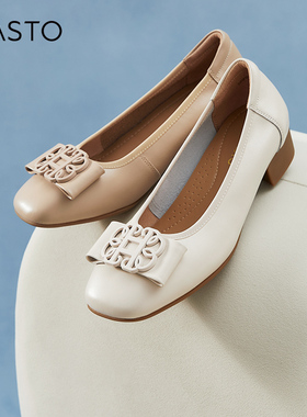 百思图春夏商场新款真皮懒人一脚蹬浅口粗跟女妈妈鞋单鞋UHF01CQ4