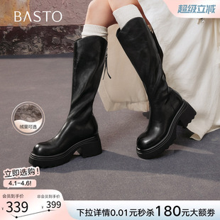 加绒高跟骑士靴粗跟女显瘦V口长靴F2181DG5 百思图冬商场新款