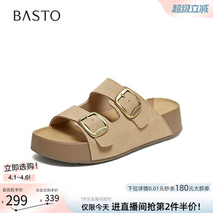 百思图2026夏季 真皮厚底勃肯鞋 休闲平底外穿女拖鞋 T1618BT6 新款
