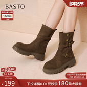 百思图2025冬季 新款 复古西部靴堆堆靴厚底加绒女驼色短靴BP335DZ5