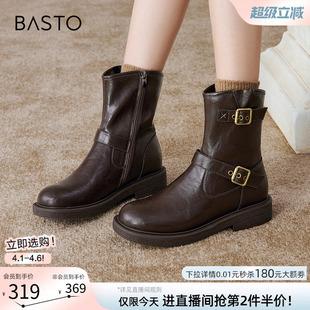 百思图冬新款 W2551DZ4 潮酷加绒保暖粗跟女马丁靴通勤皮短靴棉鞋