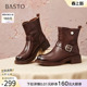 百思图冬季 牛皮通勤粗跟扣带骑士靴女短靴W1120DD5 商场新款
