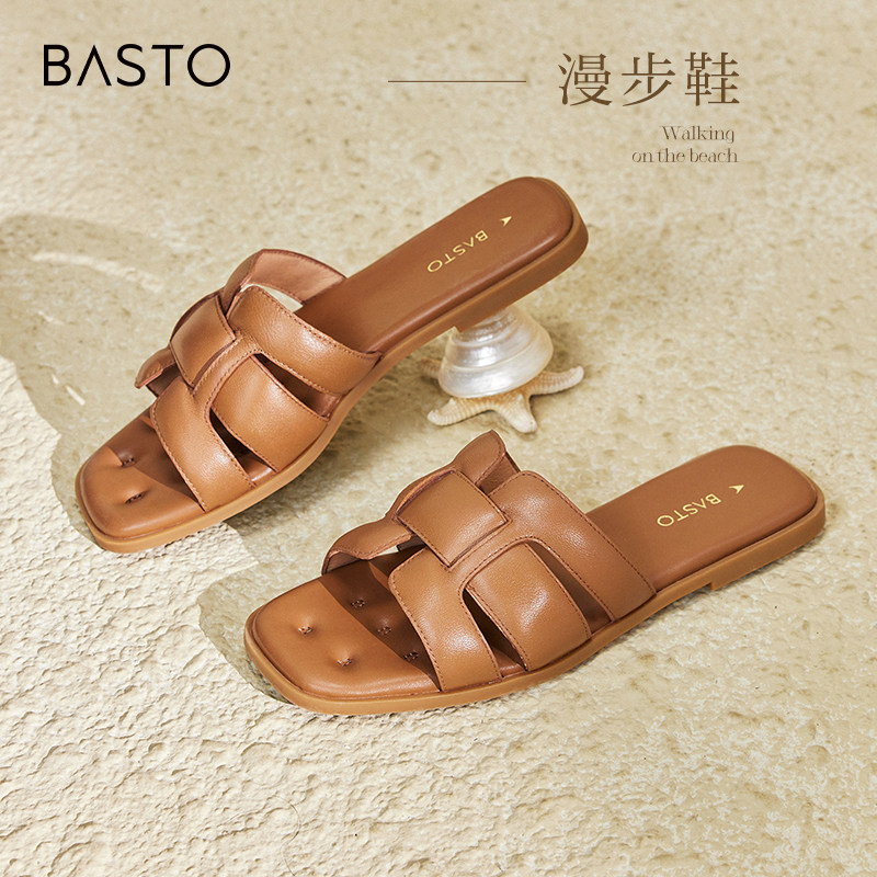 【漫步鞋】百思图26夏商场新款平底外穿拖鞋女羊皮凉鞋TY409BT4