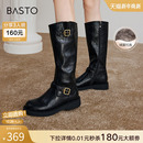 百思图冬新款 扣带加绒厚底骑士靴小个子高筒靴女长靴W0819DG4