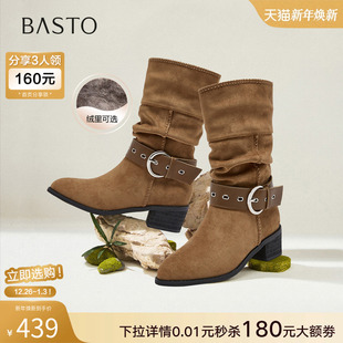 百思图2025冬季 扣带粗跟西部靴堆堆靴女高筒长靴F5312DS5 商场新款