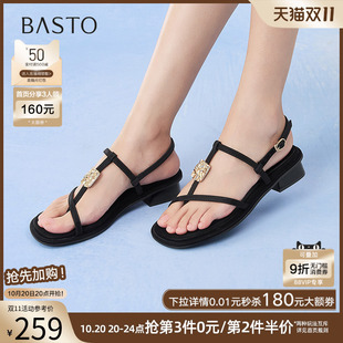 通勤一字带粗跟女条带凉鞋 时尚 B9501BL5 商场新款 百思图2025夏季