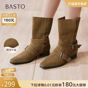 复古粗跟尖头女短靴K5053DZ5 真皮西部靴时尚 百思图2025冬季 新款