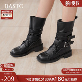 百思图2025冬新款 真皮厚底西部靴马丁靴复古粗跟女中筒靴D3625DZ5