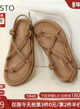 百思图夏季新款商场同款复古罗马凉厚底女凉鞋MB506BL3