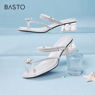 BP569BT4 透明水晶跟粗跟女外穿夹趾拖鞋 百思图夏商场新款 时尚