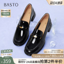 C1823CA5 粗跟女单鞋 百思图2025秋新款 牛皮英伦风亮面一脚蹬乐福鞋