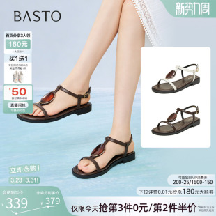 女鞋 复古休闲平底条带罗马凉鞋 S5501BL6 商场新款 百思图2026夏季