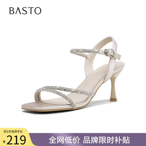 百思图夏商场新款时尚气质一字带凉鞋细跟高跟鞋女鞋E5063BL5
