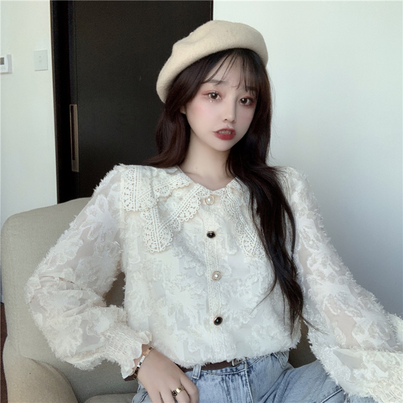 Real price 2021 early spring super fairy hollow out lace pearl button sweet double layer baby collar shirt