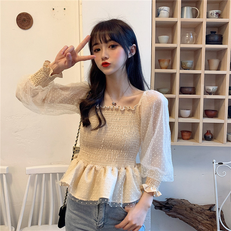 Real price one neck net dot lantern long sleeve off shoulder short shirt blouse